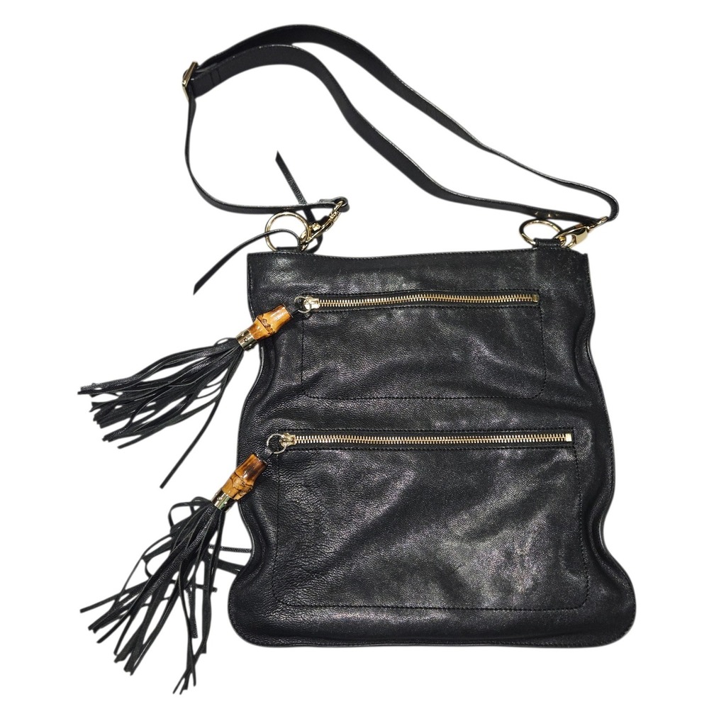 Sorial New York Boho Bamboo Tassel Crossbody Bag Black Leather Leopard Print M